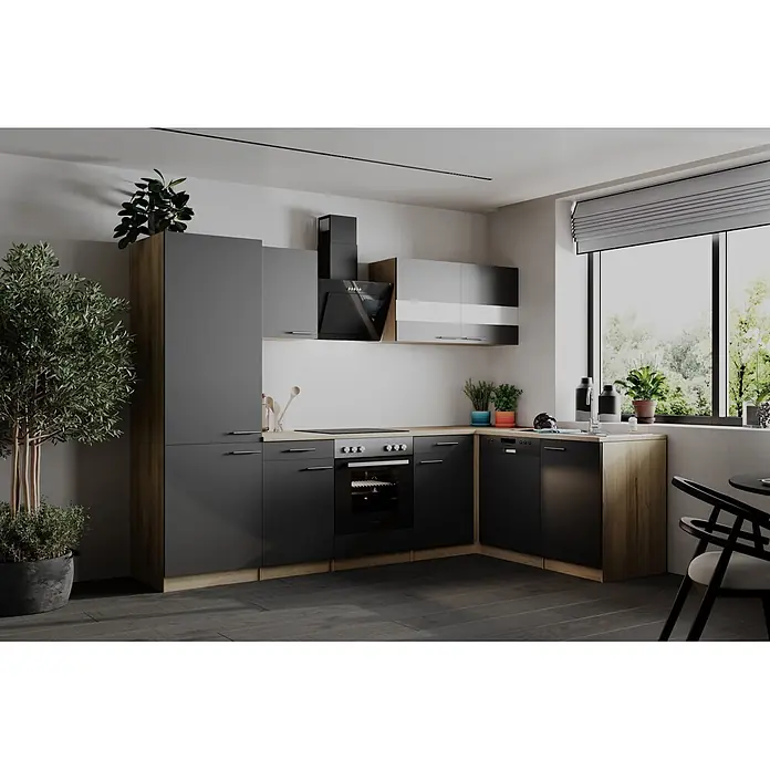 Respekta Winkelküche Merle - B x L: 280 x 172 cm, Grau, Mit Elektrogeräten - Moderne L-förmige Küche mit dunkelgrauen Schränken und hellen Holzimitat-Arbeitsplatten, mit integrierten Geräten.