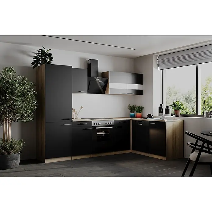 Respekta Winkelküche Merle - B x L: 280 x 172 cm, Schwarz, Mit Elektrogeräten - Moderne L-förmige Küche mit mattschwarzen Schränken, Holz-Arbeitsplatten und integrierten Geräten.