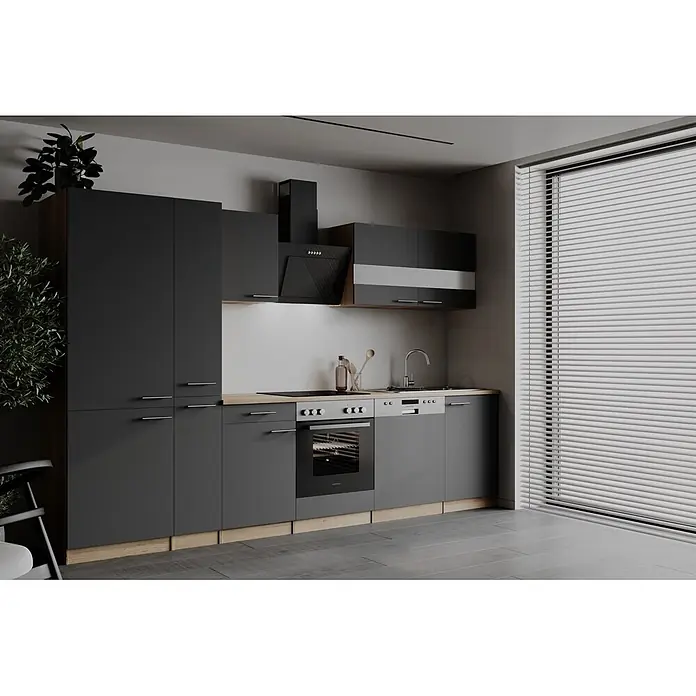 Respekta Küchenzeile Merle - Breite: 310 cm, Grau, Mit Elektrogeräten - Moderne dunkelgraue Küche mit Holzakzenten, integrierten Geräten und schlankem Design.