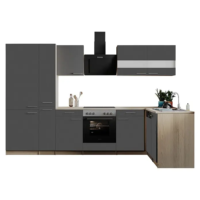 Respekta Winkelküche Merle - B x L: 310 x 172 cm, Grau, Mit Elektrogeräten - Eine moderne L-förmige Küchenzeile mit dunkelgrauen Schränken, heller Holztheke, schwarzen Geräten und Spülbecken.