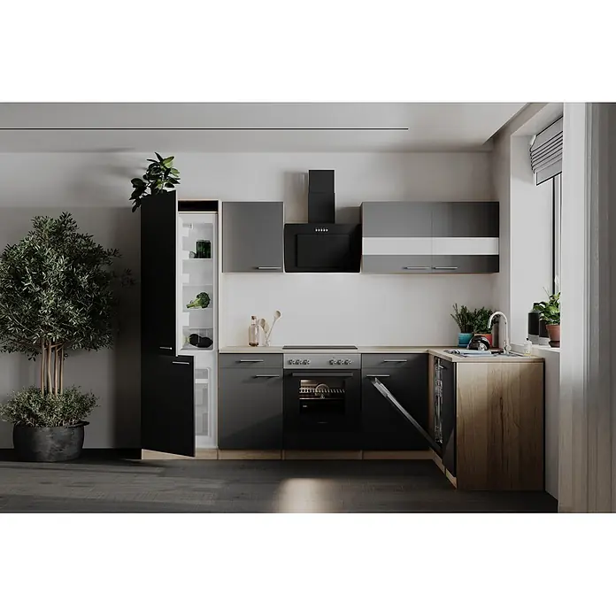 Respekta Winkelküche Merle - B x L: 280 x 172 cm, Grau, Mit Elektrogeräten - Moderne Küche mit dunkelgrauen Schränken, hellen Holztheken und schwarzen Einbaugeräten. Offener Kühlschrank und Geschirrspüler zeigen Innenleben.