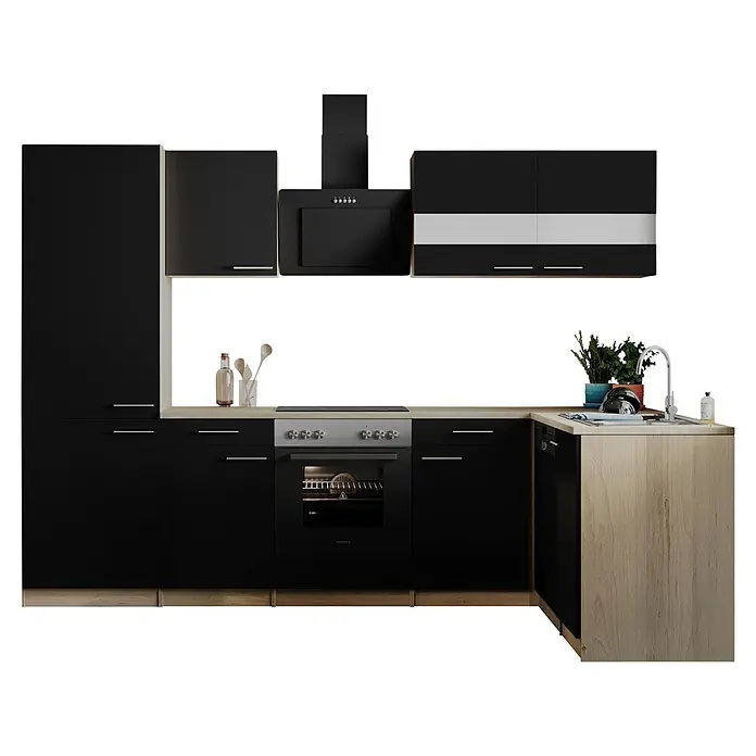 Respekta Winkelküche Merle - B x L: 280 x 172 cm, Schwarz, Mit Elektrogeräten - Schwarze L-förmige Küchenzeile mit heller Holzplatte, integriertem Backofen, Kochfeld, Spüle und Dunstabzugshaube.
