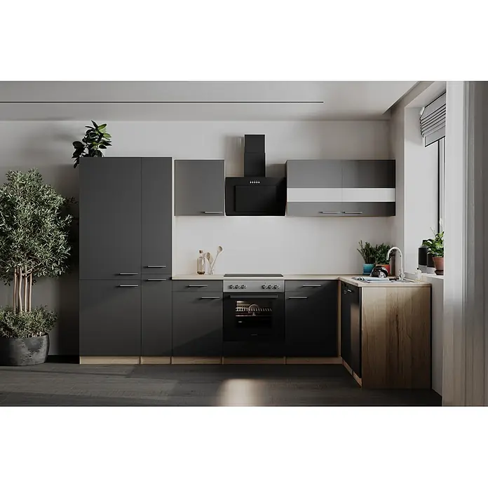 Respekta Winkelküche Merle - B x L: 310 x 172 cm, Grau, Mit Elektrogeräten - Moderne dunkelgraue Küche mit hellen Holz-Arbeitsplatten, integriertem Backofen, Kochfeld, Spüle und Edelstahlgriffen.