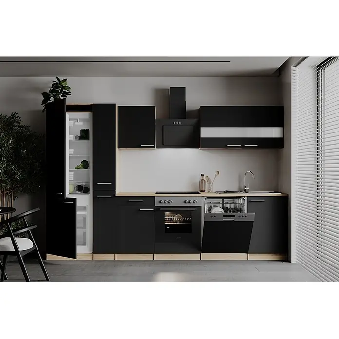 Respekta Küchenzeile Merle - Breite: 310 cm, Schwarz, Mit Elektrogeräten - Moderne schwarze Küche mit hellen Holzdetails, integrierten Geräten (Kühlschrank, Ofen, Geschirrspüler) und Spüle.