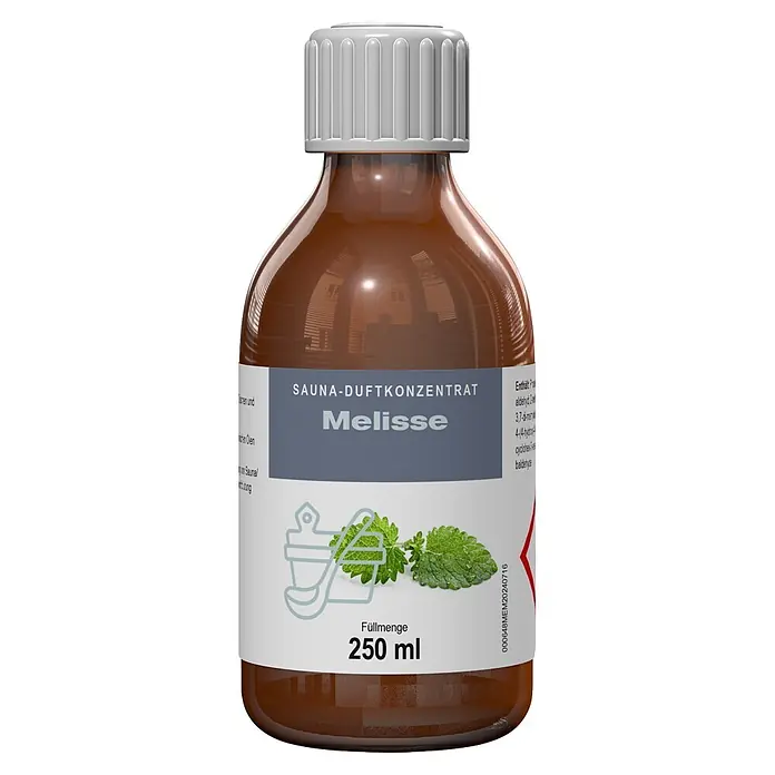 Eilo Saunaduft - Duft: Melisse, 250 ml - Braunglasflasche mit 250ml Melisse Sauna-Duftkonzentrat, weißem Verschluss und Etikett mit Sauna-Eimer-Symbol.