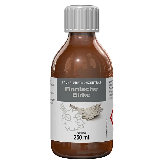 Eilo Saunaduft - Duft: Finnische Birke, 250 ml - Braune Glasflasche mit weißem Verschluss, Etikett mit Birkenrinde und Aufschrift „Sauna-Duftkonzentrat Finnische Birke“ 250 ml.