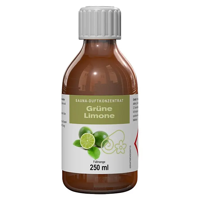 Eilo Saunaduft - Duft: Grüne Limone, 250 ml - Braune Flasche mit weißem Deckel, beschriftet mit „Sauna-Duftkonzentrat Grüne Limone 250 ml“ und Limettenmotiv.