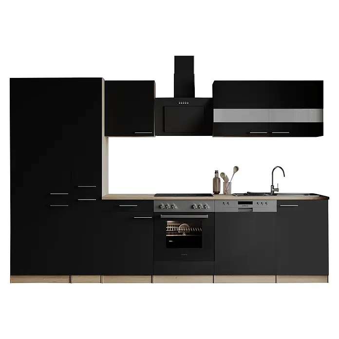 Respekta Küchenzeile Merle - Breite: 310 cm, Schwarz, Mit Elektrogeräten - Moderne schwarze Küche mit Holz-Arbeitsplatte, integriertem Backofen, Kochfeld, Geschirrspüler, Spüle und Dunstabzugshaube.