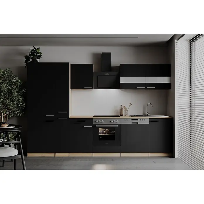 Respekta Küchenzeile Merle - Breite: 310 cm, Schwarz, Mit Elektrogeräten - Moderne schwarze Küche mit Holztheke, integriertem Ofen, Kochfeld, Geschirrspüler und Spüle, für einen stilvollen und funktionalen Raum.