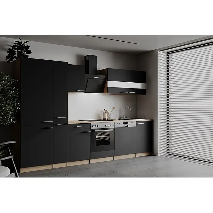 Respekta Küchenzeile Merle - Breite: 310 cm, Schwarz, Mit Elektrogeräten - Moderne schwarze Küchenzeile mit hellen Holzdetails, Arbeitsplatte und integrierten Geräten.