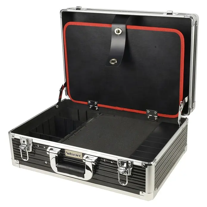 Wisent Maletín para herramientas Classic TM - L x An x Al: 478 x 180 x 323 mm, Aluminio - Maletín abierto de aluminio con interior negro, ribete rojo, correa y múltiples compartimentos con inserto de espuma.