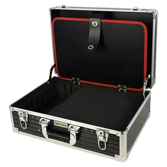 Wisent Maschinenkoffer - L x B x H: 478 x 180 x 323 mm, Aluminium - Eine offene schwarze Aluminium-Aktentasche mit silbernem Rand, roten Innenakzenten und internen Fächern.