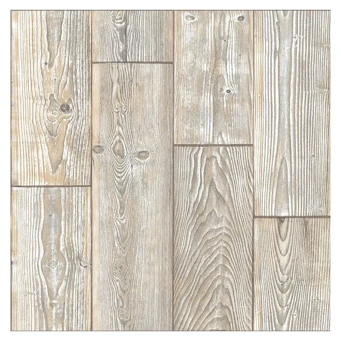 D-c-fix Bodenfliese Floor Tile Selbstklebend - 11 Stk., 30,5 x 30,5 cm, Rustic Oak - Verwitterte Holzbretter in hellgrau-braunen Tönen mit ausgeprägter Maserung und Ästen, unregelmäßig angeordnet.