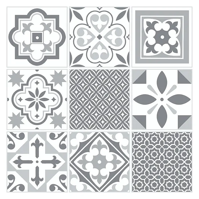 D-c-fix Bodenfliese Floor Tile Selbstklebend - 11 Stk., 30,5 x 30,5 cm, Oriental Tiles - Ein Raster aus neun dekorativen Fliesen in Grau und Weiß, jede mit einem einzigartigen Muster, geeignet für Böden oder Wände.