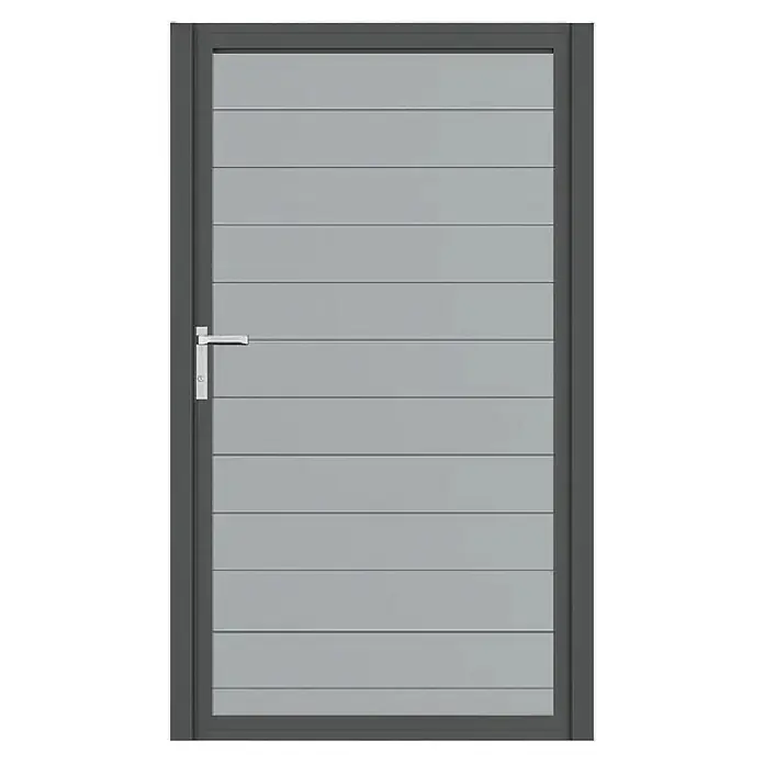 Deutsche Zauntechnik Zauntor Vidual Swing Snap - 1,04 x 1,75 m, Fenstergrau, Aluminium - Modernes graues Lamellentor/Tür mit silbernem Griff.