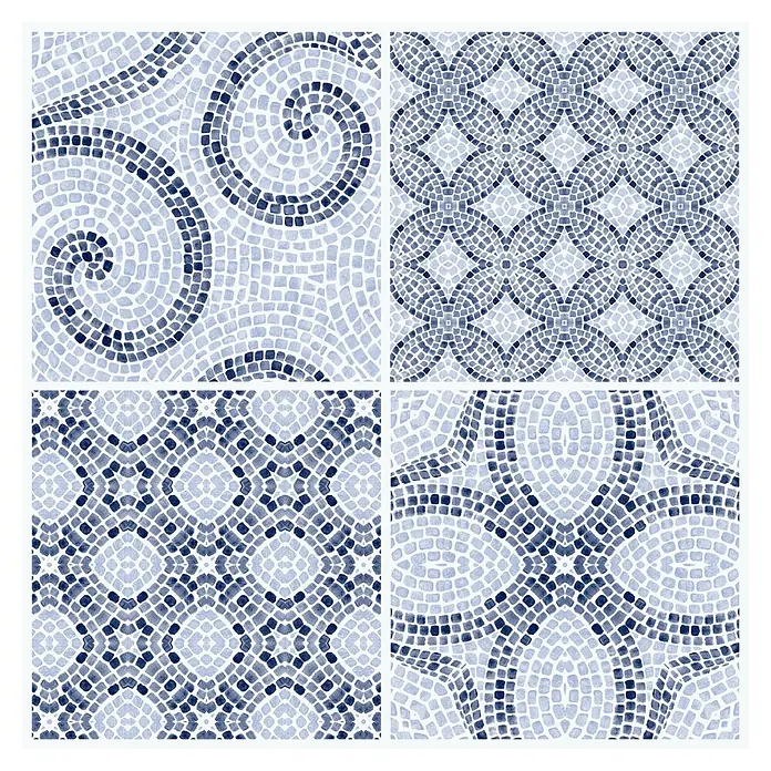 D-c-fix Bodenfliese Floor Tile Selbstklebend - 11 Stk., 30,5 x 30,5 cm, Roman Mosaic - Vier blaue Mosaikfliesenmuster mit unregelmäßigen, aquarellartigen Quadraten. Zeigt Spiralen, Kreise und geometrische Designs.