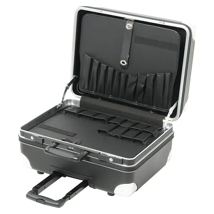 Hepco & Becker Werkzeugkoffer Robust 5770 - L x B x H: 430 x 510 x 300 mm, High Density Polyethylen (HDPE) - Offener schwarzer Kosmetikkoffer mit silberfarbenem Rahmen, Griff und Rollen, ideal für den Transport von Beauty-Produkten.