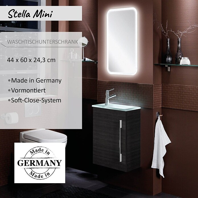 Camargue Stella Mini Waschtischunterschrank (22,5 x 44 x 60 cm, Mit Beleuchtung, Darkoak, Matt)