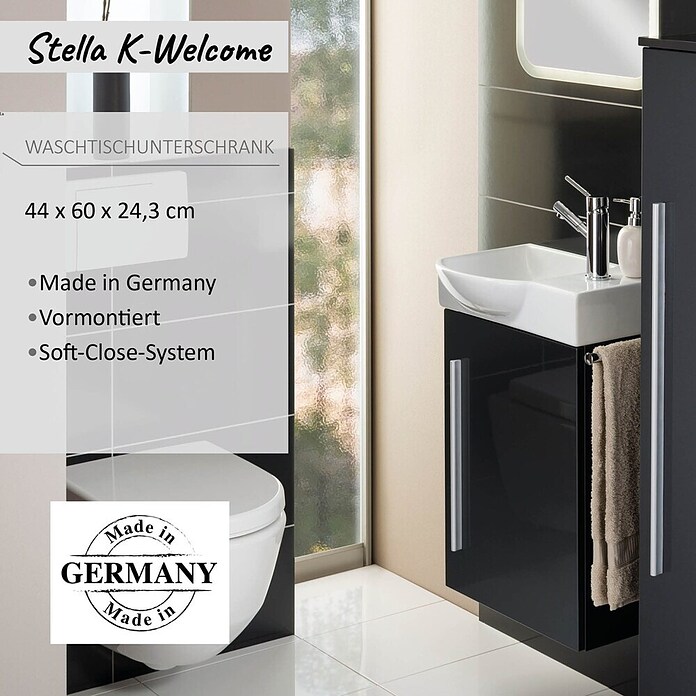 Camargue Stella K welcome Waschtischunterschrank (24 x 44 x 60 cm, Grafit, Hochglanz)
