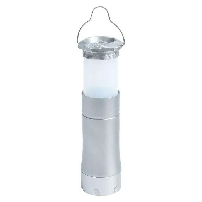 Linterna LED - IP64 - Lámpara LED plateada con asa para colgar, perfecta para camping o como iluminación de emergencia. Diseño compacto y versátil.