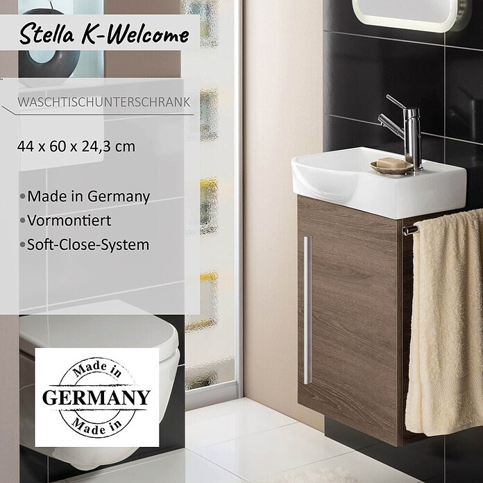 Camargue Stella K welcome Waschtischunterschrank (24 x 44 x 60 cm, Eiche Maron, Matt)