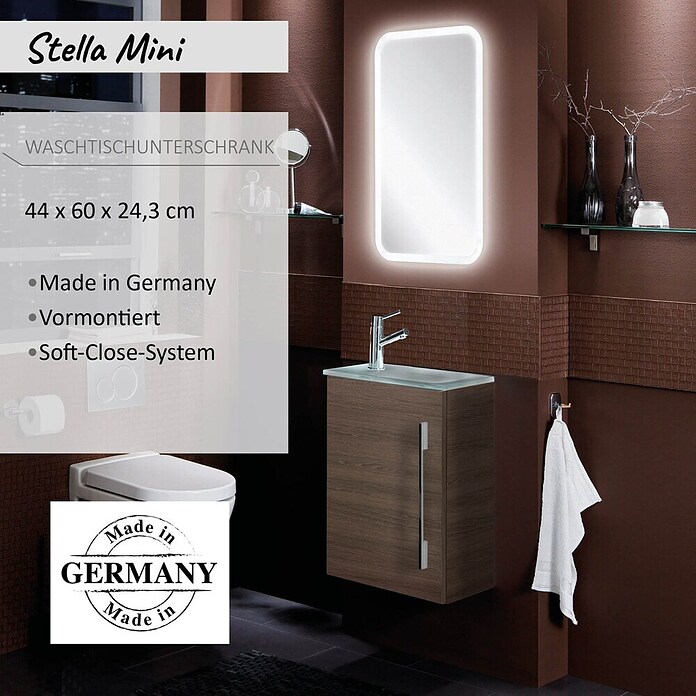 Camargue Stella Mini Waschtischunterschrank (22,5 x 44 x 60 cm, Ohne Beleuchtung, Eiche Maron, Matt)