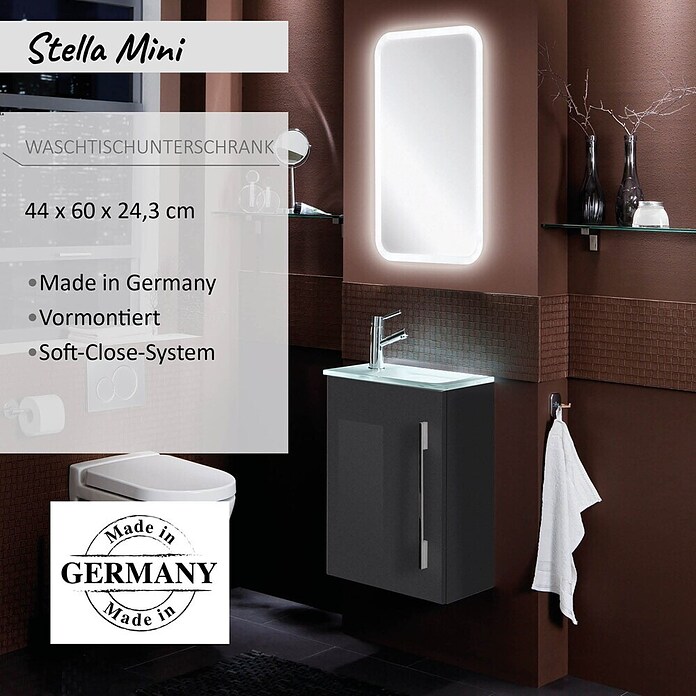Camargue Stella Mini Waschtischunterschrank (22,5 x 44 x 60 cm, Mit Beleuchtung, Grafit, Glanz)