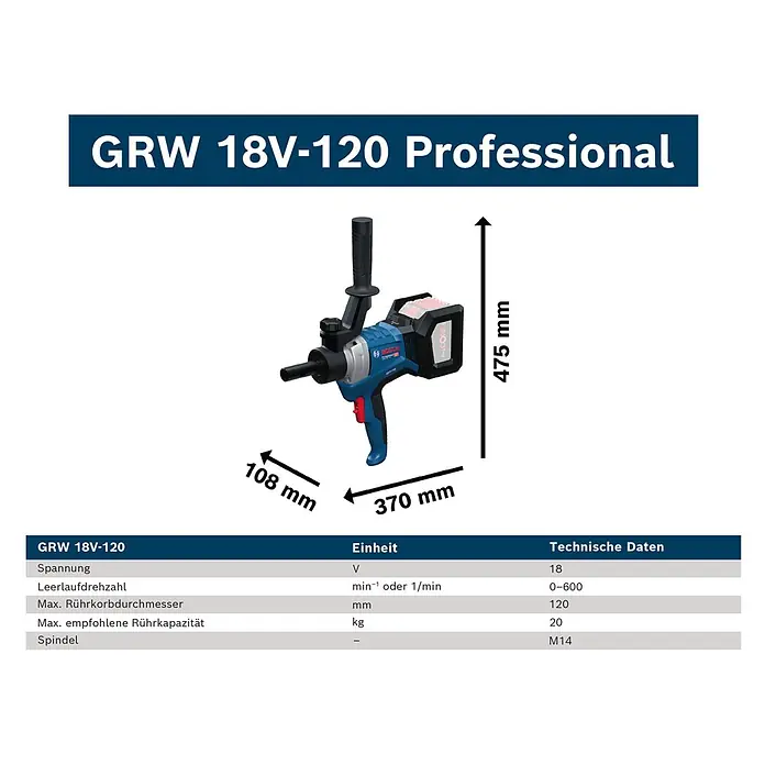Bosch Professional Akku-Rührwerk GRW 18V-120 - 18 V, Anzahl Akkus: Ohne Akku - Blauer und schwarzer Bosch GRW 18V-120 Professional Akku-Mischrührer mit Seitenhandgriff.