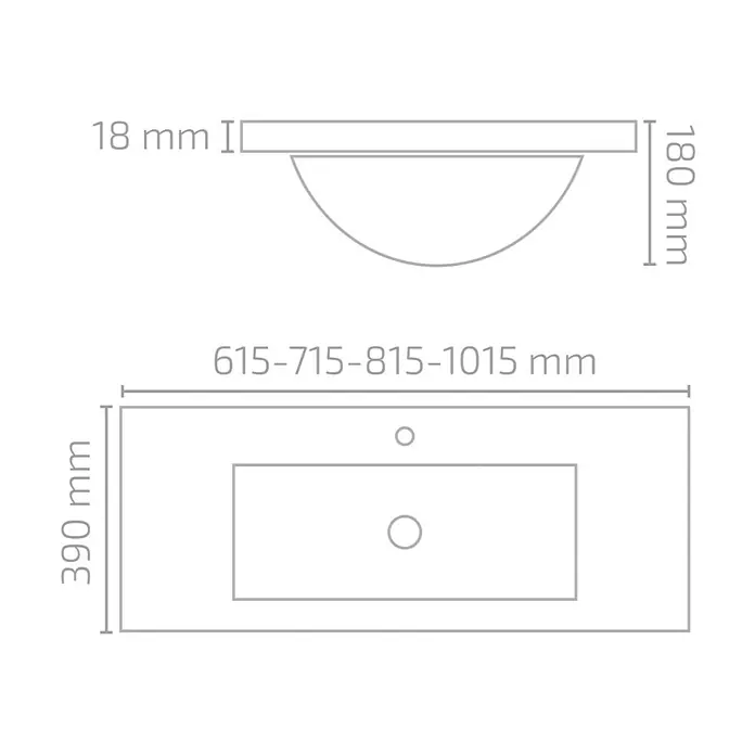 Lavabo Nix - 61,5 x 39 cm, Orificios para grifo: Medio, Con desbordamiento, Blanco - Dibujo técnico de un lavabo con poza y dimensiones. La encimera tiene 18 mm de grosor, la poza tiene 180 mm de altura.