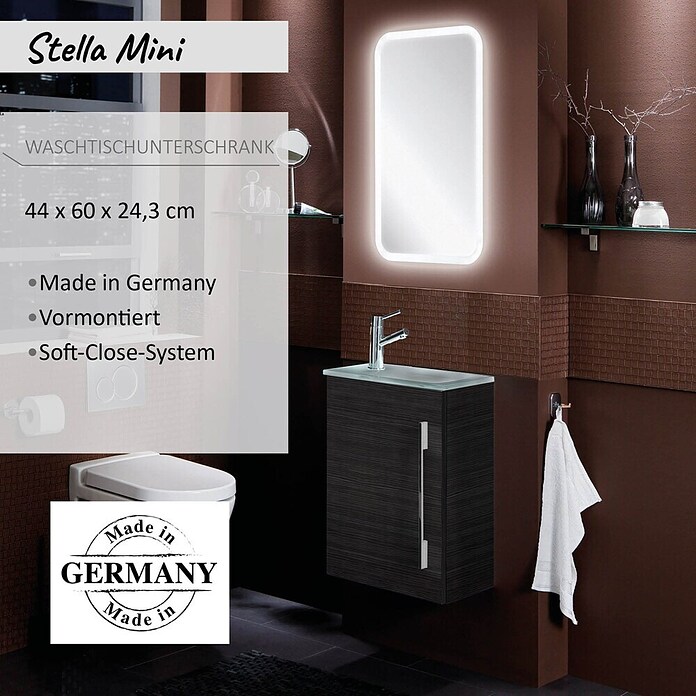 Camargue Stella Mini Waschtischunterschrank (22,5 x 44 x 60 cm, Ohne Beleuchtung, Darkoak, Matt)