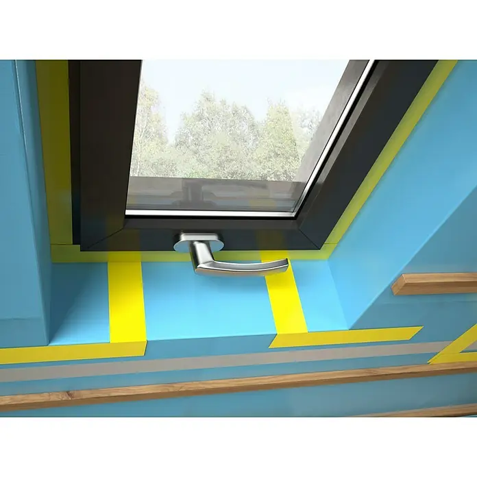 Probau Klebeband Craltape - 40 m x 60 mm - Ein Dachfenster mit einem silbernen Griff und gelben Dichtungsbändern, das in einem blauen Rahmen eingebaut ist.
