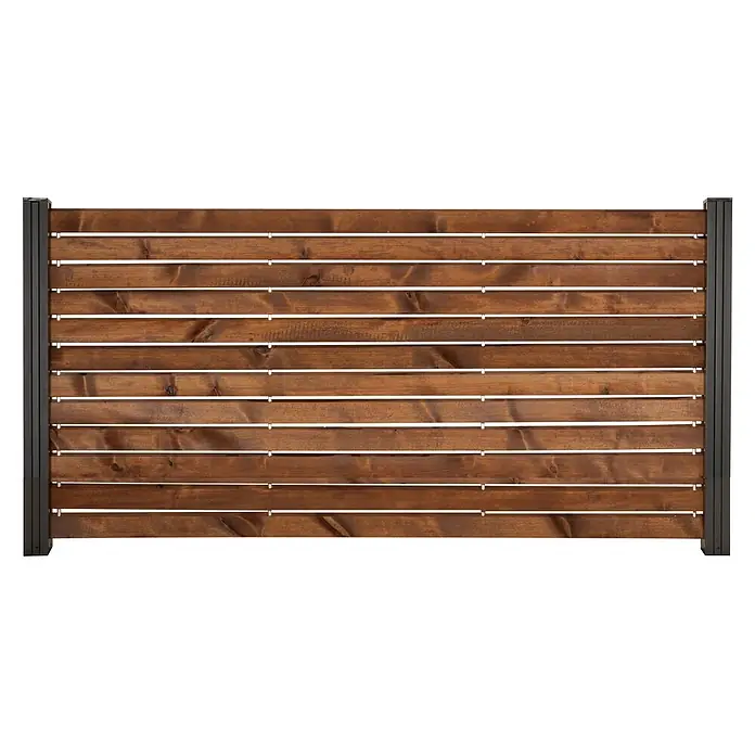 GartenLand Steckzaun-Element Holz Zaun Craftwood Ohne Pfosten Ohne Abschlussleiste - B x H: 180 x 87 cm, Braun, Holz - Dunkelbraune Holzzaunplatte mit horizontalen Latten und dunklen Metallpfosten, mit kleinen weißen Abstandshaltern.