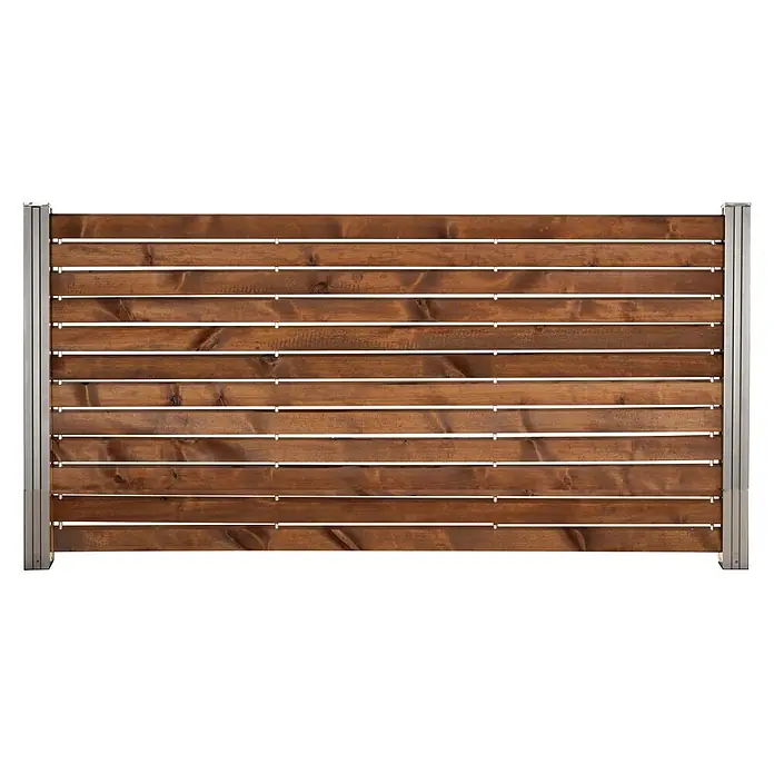 GartenLand Steckzaun-Element Holz Zaun Craftwood Ohne Pfosten Ohne Abschlussleiste - B x H: 180 x 87 cm, Braun, Holz - Horizontaler Sichtschutzzaun aus Holz mit dunklen Holzlatten und grauen Metallpfosten.