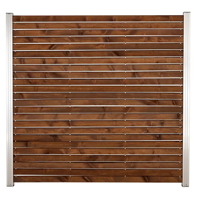 GartenLand Steckzaun-Element Holz Zaun Craftwood Ohne Pfosten Ohne Abschlussleiste - B x H: 180 x 180 cm, Braun, Holz - Dunkelbrauner Sichtschutzzaun aus Holzlamellen mit silbernem Aluminiumrahmen.