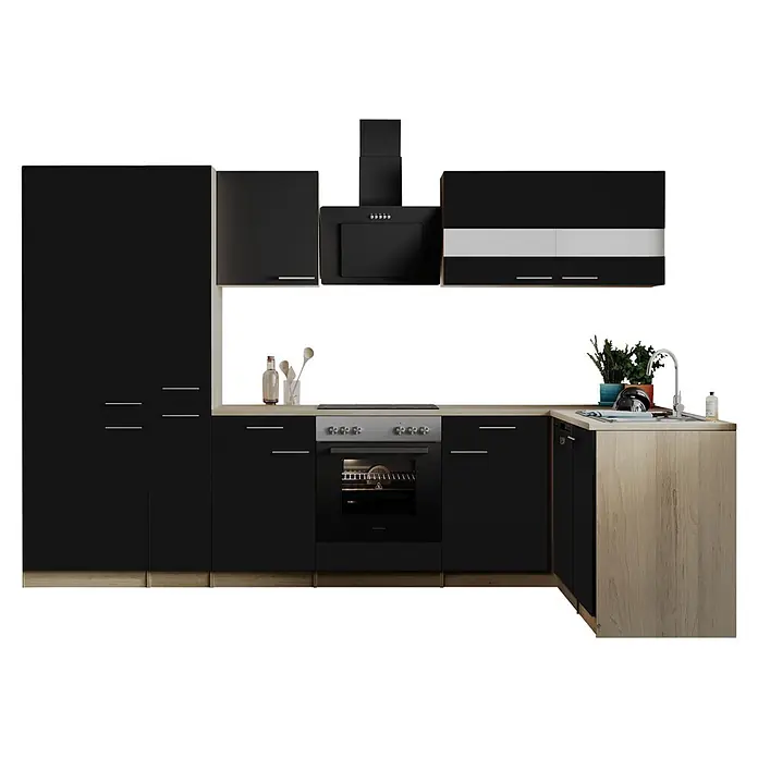Respekta Winkelküche Merle - B x L: 310 x 172 cm, Schwarz, Mit Elektrogeräten - Schwarze L-förmige Einbauküche mit Holzarbeitsplatte, integriertem Backofen, Kochfeld, Dunstabzugshaube und Spüle.