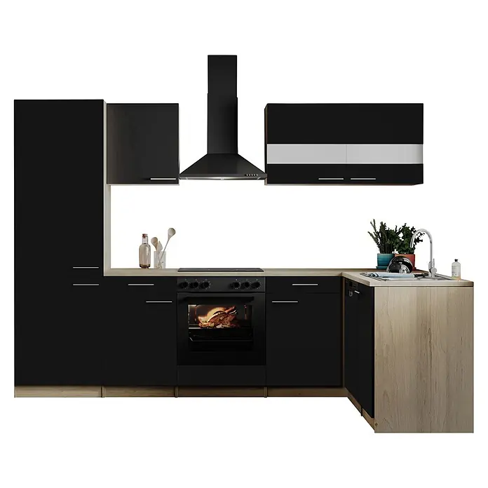 Respekta Winkelküche Merle - B x L: 280 x 172 cm, Schwarz, Mit Elektrogeräten - Moderne schwarze Küche mit hellen Holz-Arbeitsplatten, ausgestattet mit Ofen, Herd, Spüle und Dunstabzugshaube.