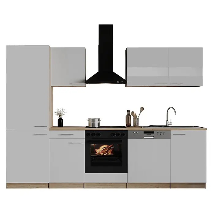 Respekta Winkelküche Merle - B x L: 310 x 172 cm, Weiß, Mit Elektrogeräten - Moderne weiße Küchenzeile mit Holz-Arbeitsplatte, schwarzer Dunstabzugshaube, Ofen mit Brathähnchen, Kochfeld, Spüle und Geschirrspüler.