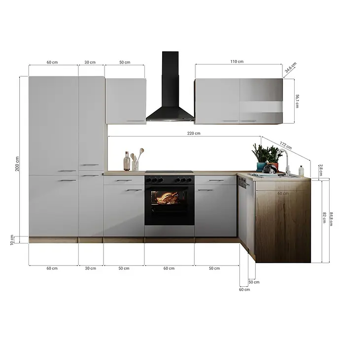 Respekta Winkelküche Merle - B x L: 310 x 172 cm, Schwarz, Mit Elektrogeräten - Moderne L-förmige Küche in Grau und Holz mit Hochschränken, Hängeschränken, Unterschränken, Backofen, Herd, Spüle und Geschirrspüler, mit Maßen.