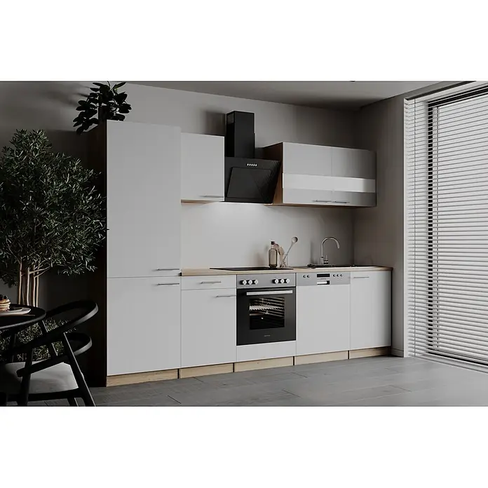 Respekta Küchenzeile Merle - Breite: 280 cm, Weiß, Mit Elektrogeräten - Moderne Küche mit weißen Schränken, Holzdetails, integriertem Backofen, Kochfeld, Spüle, Geschirrspüler und schwarzer Dunstabzugshaube.