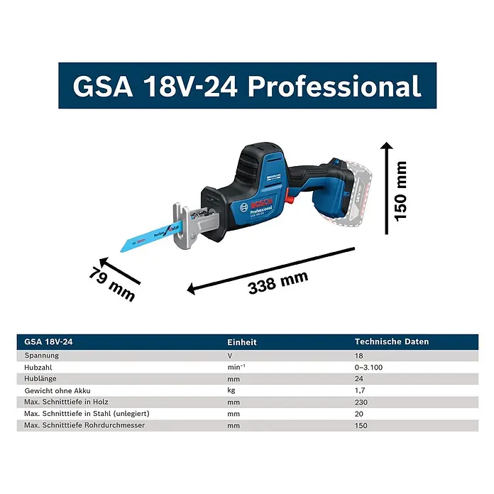 Bosch Professional AMPShare 18V Akku-Säbelsäge GSA 18V-24 -  - Blau-schwarze Bosch GSA 18V-24 Professional Akku-Säbelsäge mit Sägeblatt.