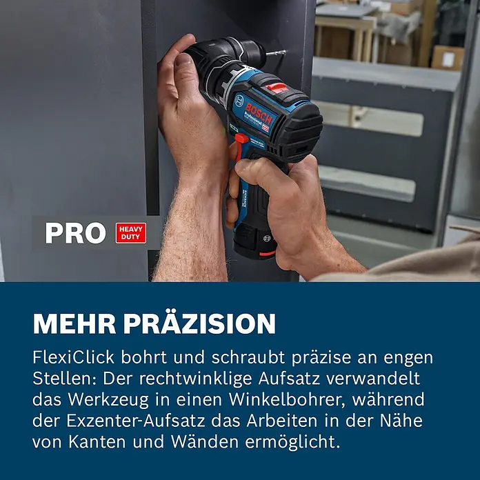 Bosch Professional AMPShare 18V Akku-Bohrschrauber-Set GSR 12V-32 FC 2x2,0AH - 12 V, 2 Akkus, 32 Nm, 9 -tlg. - Eine Person bohrt mit einem blauen und schwarzen Bosch FlexiClick Akkuschrauber präzise in eine dunkle Oberfläche.