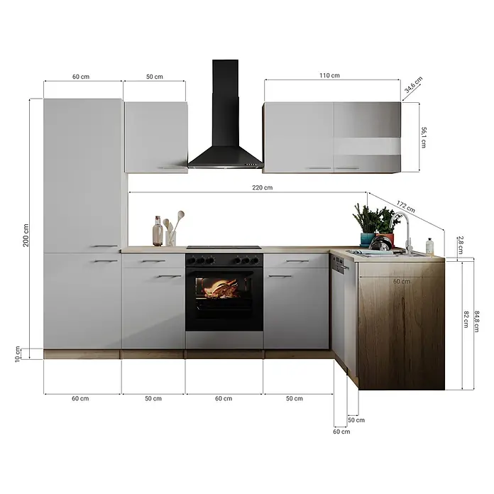Respekta Winkelküche Merle - B x L: 280 x 172 cm, Schwarz, Mit Elektrogeräten - Moderne, hellgraue Modulküche mit Holzdetails, integrierten Geräten und diversen Schränken, mit Maßen dargestellt.