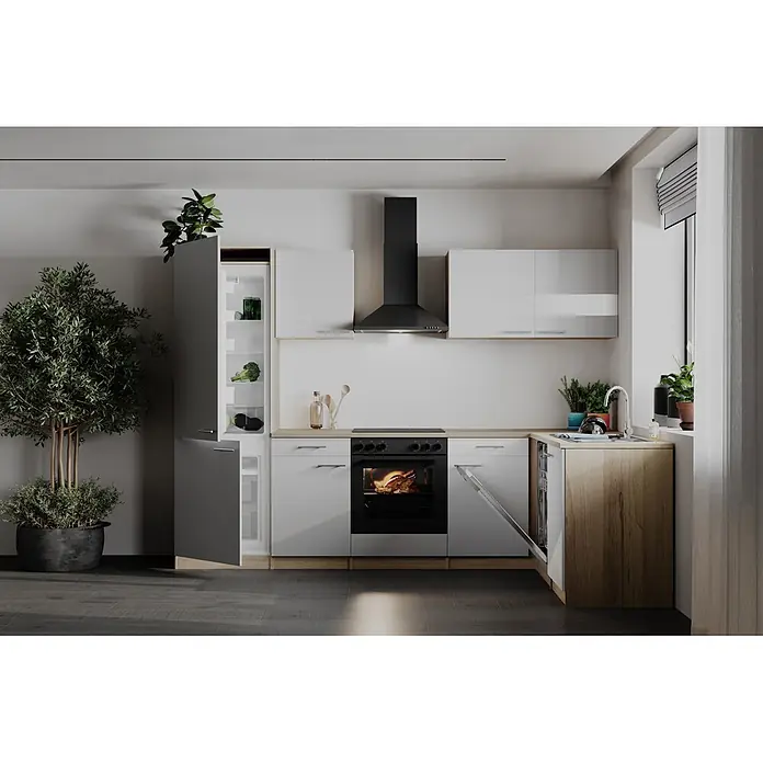 Respekta Winkelküche Merle - B x L: 280 x 172 cm, Weiß, Mit Elektrogeräten - Moderne Küche mit hellgrauen Schränken, schwarzen Geräten und integriertem Kühl-/Geschirrschrank.