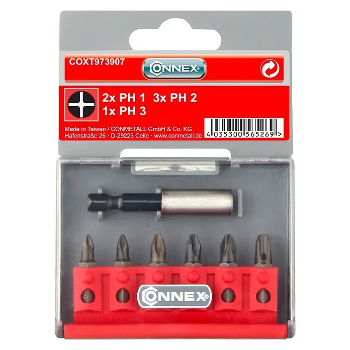 Connex Set de puntas COXT973907 - 7 pzs. - Juego de puntas de destornillador CONNEX COXT973907 con varias puntas y portapuntas, ideal para diversas tareas de atornillado.
