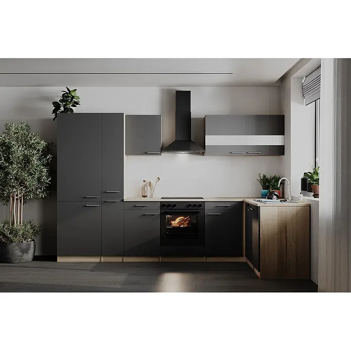Respekta Winkelküche Merle - B x L: 310 x 172 cm, Grau, Mit Elektrogeräten - Moderne Küche mit dunkelgrauen Schränken, heller Holz-Arbeitsplatte, Backofen mit Brathähnchen und Spülbecken.
