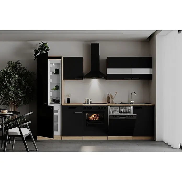 Respekta Küchenzeile Merle - Breite: 280 cm, Schwarz, Mit Elektrogeräten - Moderne Küche mit schwarzen Schränken, hellen Holztheken und integrierten Geräten, darunter ein offener Ofen und Geschirrspüler.