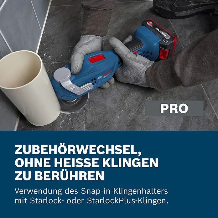 Bosch Professional AMPShare 18V Akku-Multitool GOP 18V-30 SOLO K - Ohne Akku, 18 V - Ein Handschuhtragender schneidet mit einem blauen Bosch Oszillierer und StarlockPlus-Klinge ein weißes PVC-Rohr.