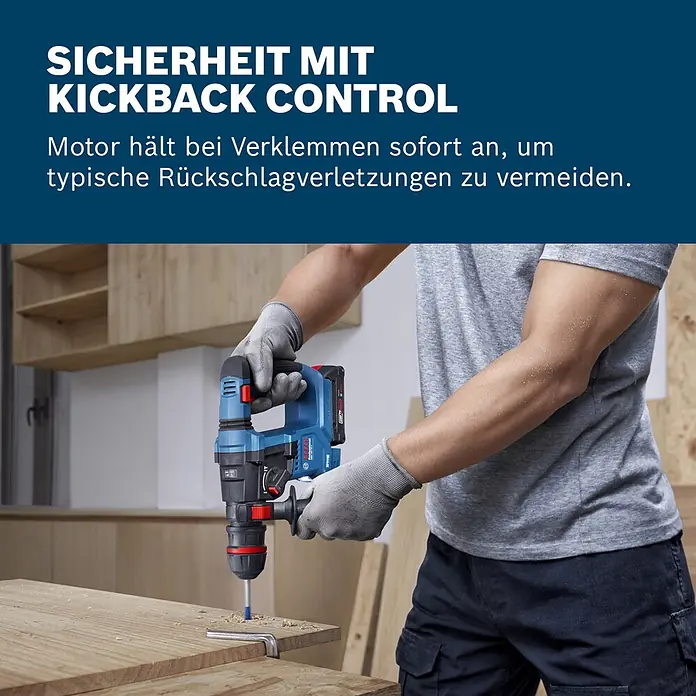 Bosch Professional AMPShare 18V Akku-Bohrhammer GBH 18V-18 X - 18 V, Ohne Akku, 1,5 J - Eine Person bohrt mit einem blauen und schwarzen Bosch Akku-Bohrhammer mit Kickback Control in Holz.