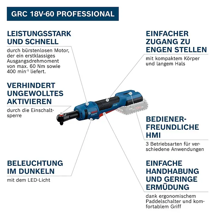 Bosch Professional AMPShare 18V Akku-Ratschenschrauber - 18 V, Ohne Akku, ⅜″ Vierkant - Blauer und schwarzer Bosch GRC 18V-60 Professional Akku-Ratschenschrauber mit silbernem Kopf und rotem Akku, für den professionellen Einsatz.