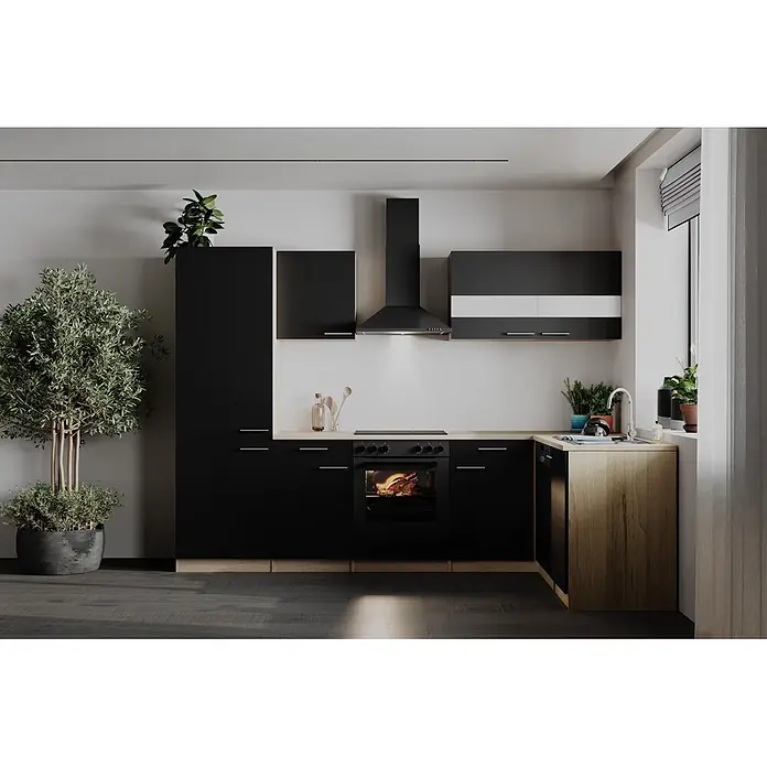 Respekta Winkelküche Merle - B x L: 280 x 172 cm, Schwarz, Mit Elektrogeräten - Eine moderne Küche mit schwarzen Schränken und heller Holzplatte, ausgestattet mit Backofen, Kochfeld, Spüle und Geschirrspüler.